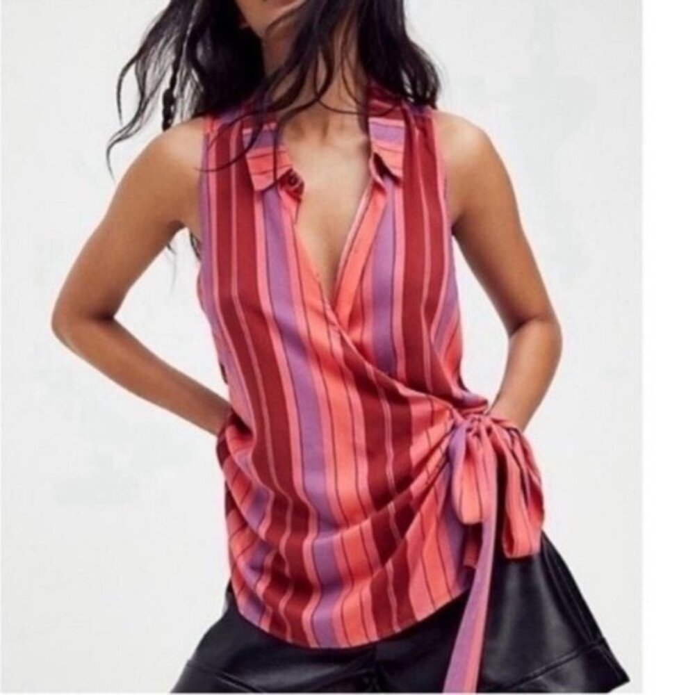 NWT Free People Vertical Stripe Sleeveless Button Up Wrap Shirt Pink Red